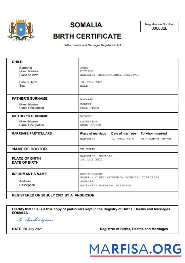 Printable Somalia birth certificate Word and PDF template